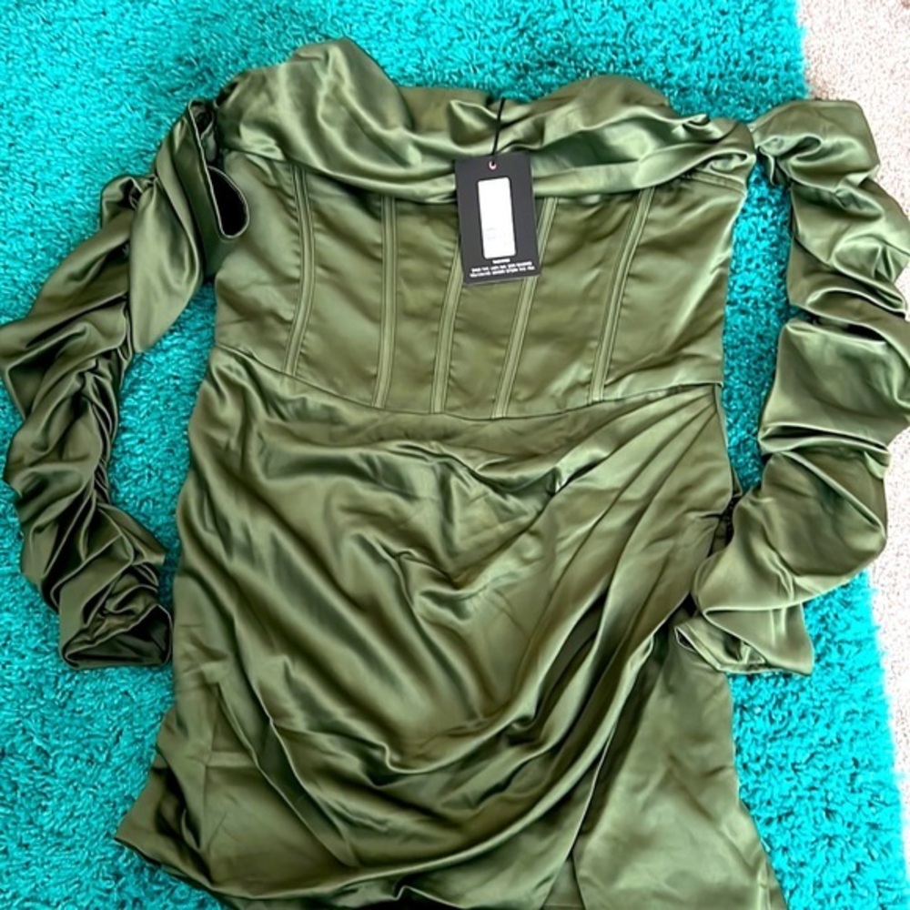 Pretty little thing, mini dress, or khaki sage ruched Sz 10